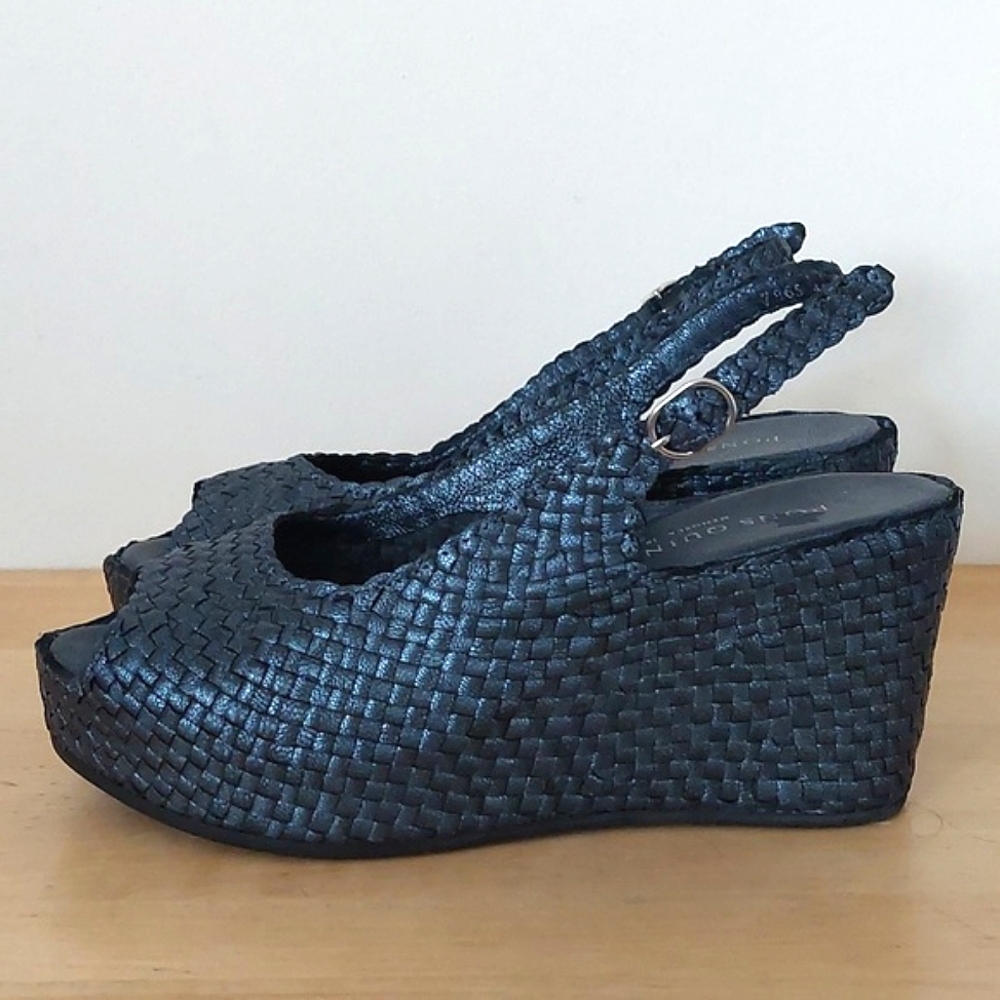 Pons Quintana Woven Matellic Navy Blue Leather Wedge Sandals